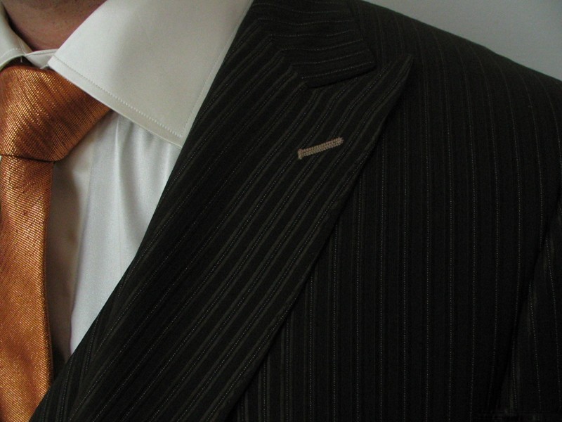 6-20: groom suit in dark brown wool-silken satin with with brown slots